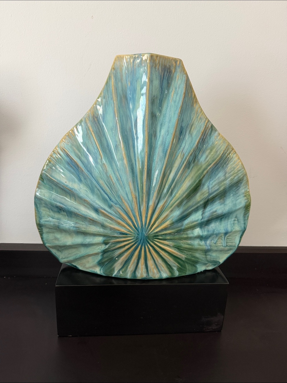 Ceramic Fan-Shaped Home Art Sculpture in Teal and Aqua